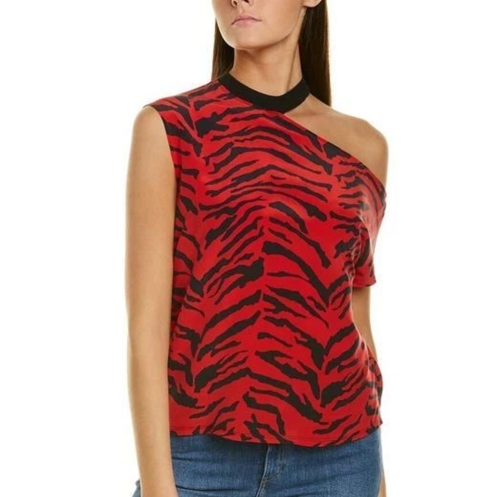 RtA Axel Silk Red and Black Zebra Print One-Shoulder Blouse